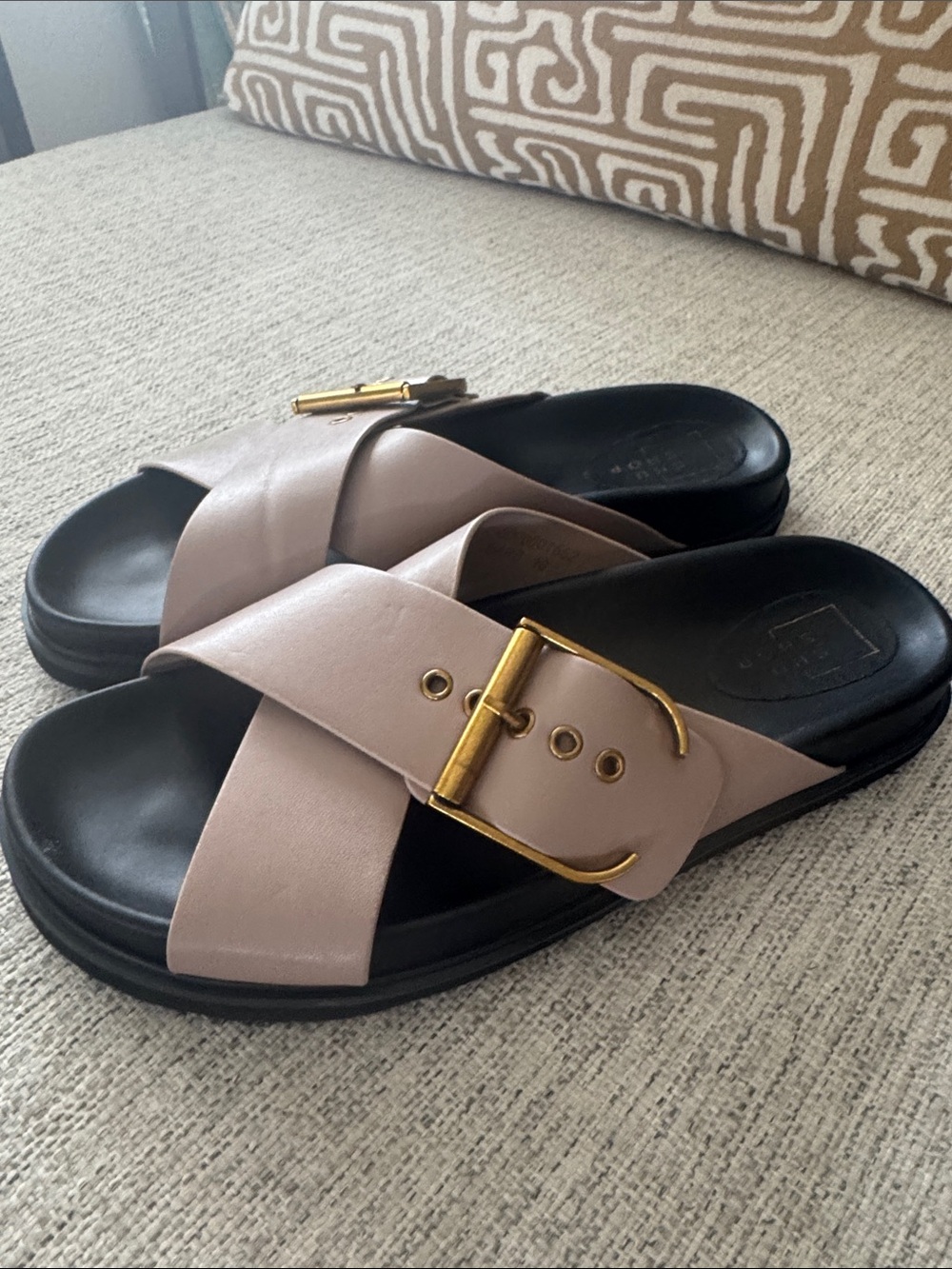 ShuShop Crisscross Slide Sandals with Gold Buckle in Taupe
